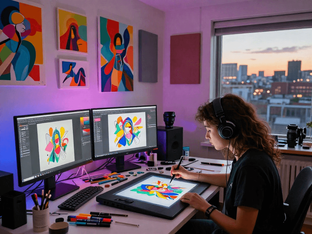 Dynamic artist creating nsfw ai illustrations in a vibrant digital art studio
