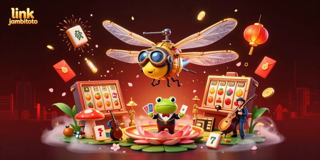 Engage with exciting games at link jambitoto, featuring a dynamic scene of a dragonfly pilot, frog croupier, and joyful musicians.