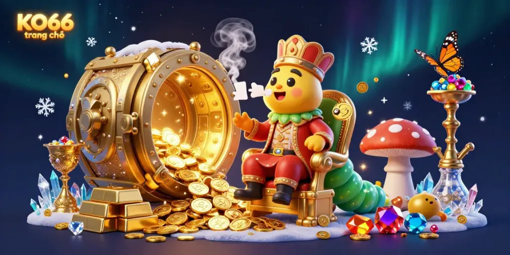 Experience the vibrant world of KO66 trang chủ, showcasing a whimsical 3D caterpillar master amidst riches and excitement in the casino.