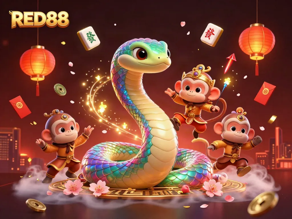 Experience RED88's thrilling casino atmosphere with vibrant characters and floating game elements in this stunning illustration.