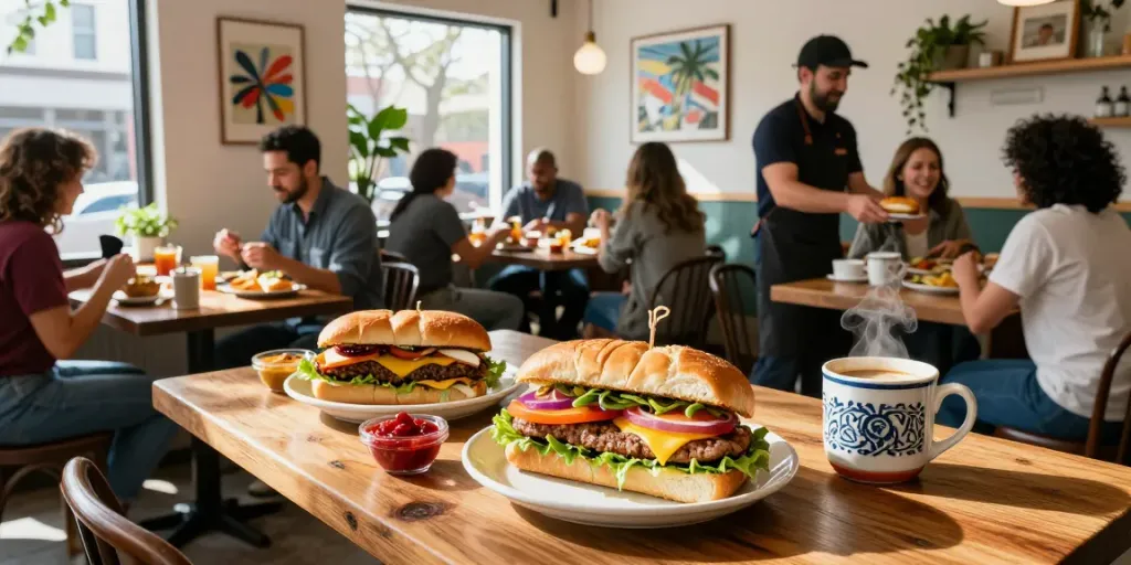 Best brunch Austin featuring NYC-inspired breakfast sandwiches and a lively café atmosphere.