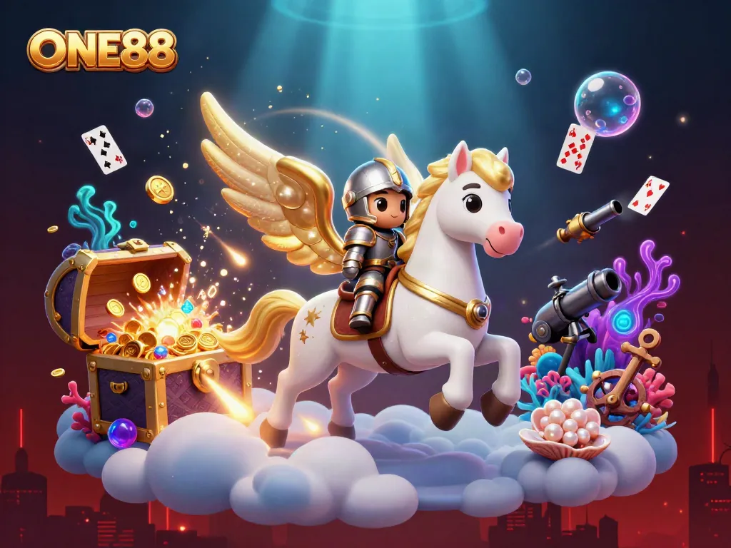 Engage with immersive gaming at ONE88, featuring a knight and celestial horse amidst treasures and cards.
