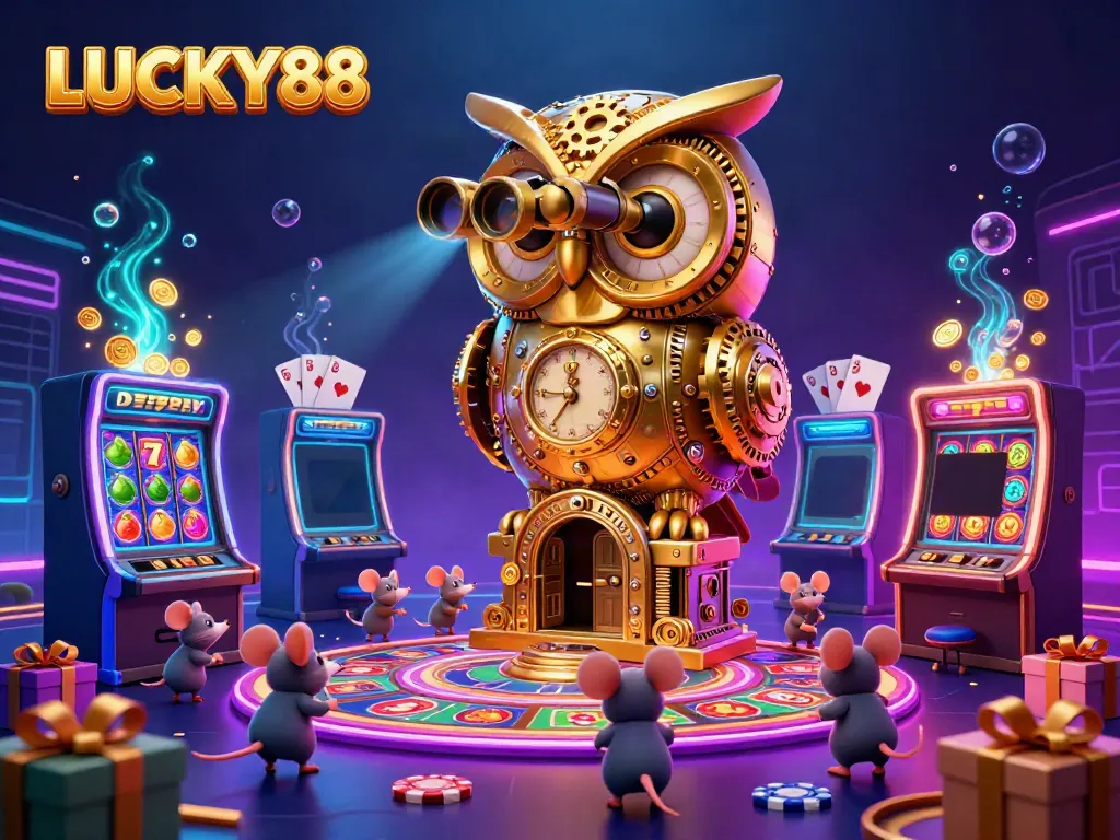 Engage with LUCKY88 by exploring a lively casino scene featuring a golden owl and playful mice among vibrant slot machines.