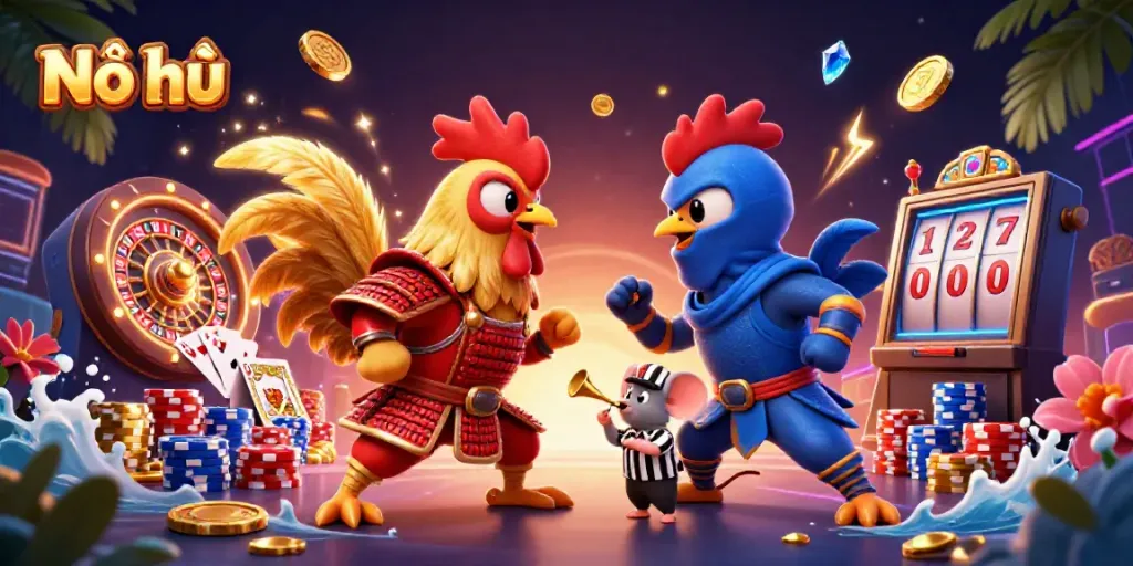 Nổ hũ cartoon illustration of fighting roosters surrounded by casino elements and dynamic game features.