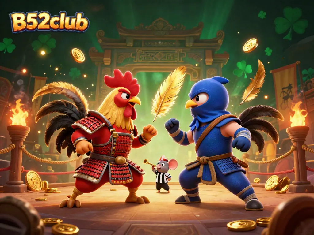 Engage with the action of B52club's unique gaming world featuring fierce roosters in a vibrant, atmospheric battle.