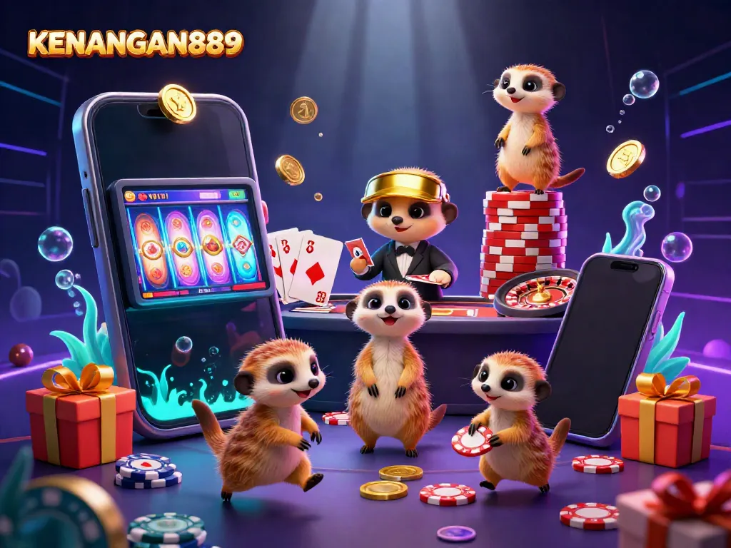 Experience the exciting world of KENANGAN889 casino with playful meerkats at work, showcasing a vibrant gaming scene.