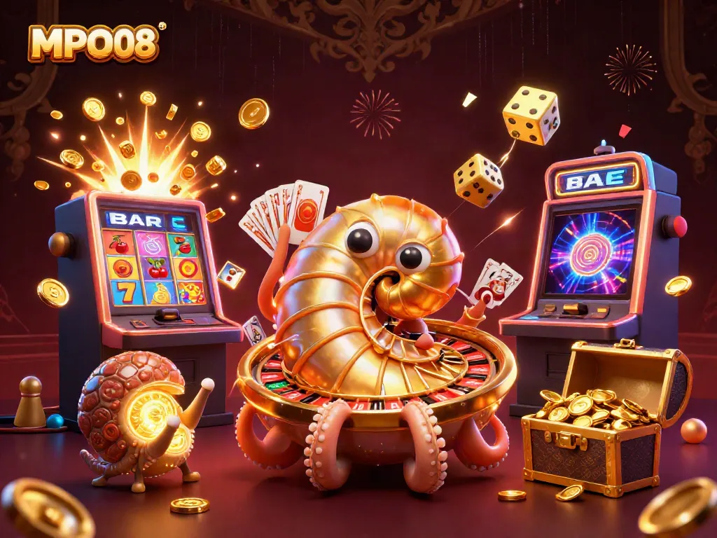 Experience gambling excitement with MPO08 in a vibrant, chaotic casino scene.
