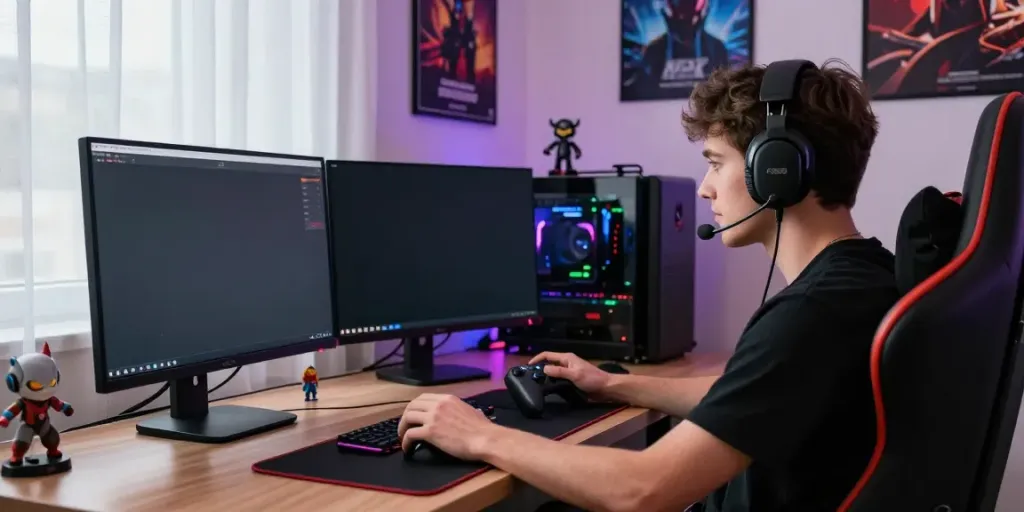 Immersive gaming setup with mod apk interface and RGB lighting.