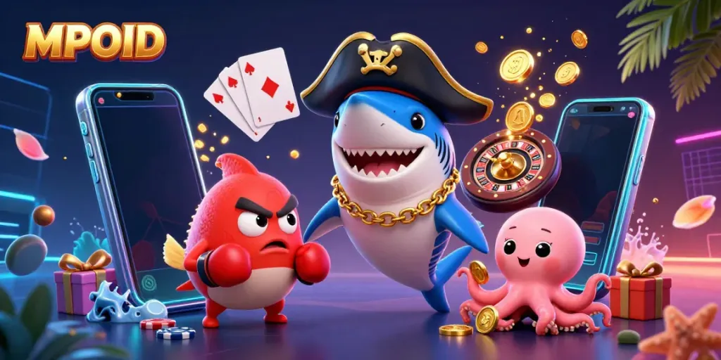 MPOID showcases an engaging 3D cartoon scene with a pirate shark, pufferfish, and octopus among dynamic casino elements.