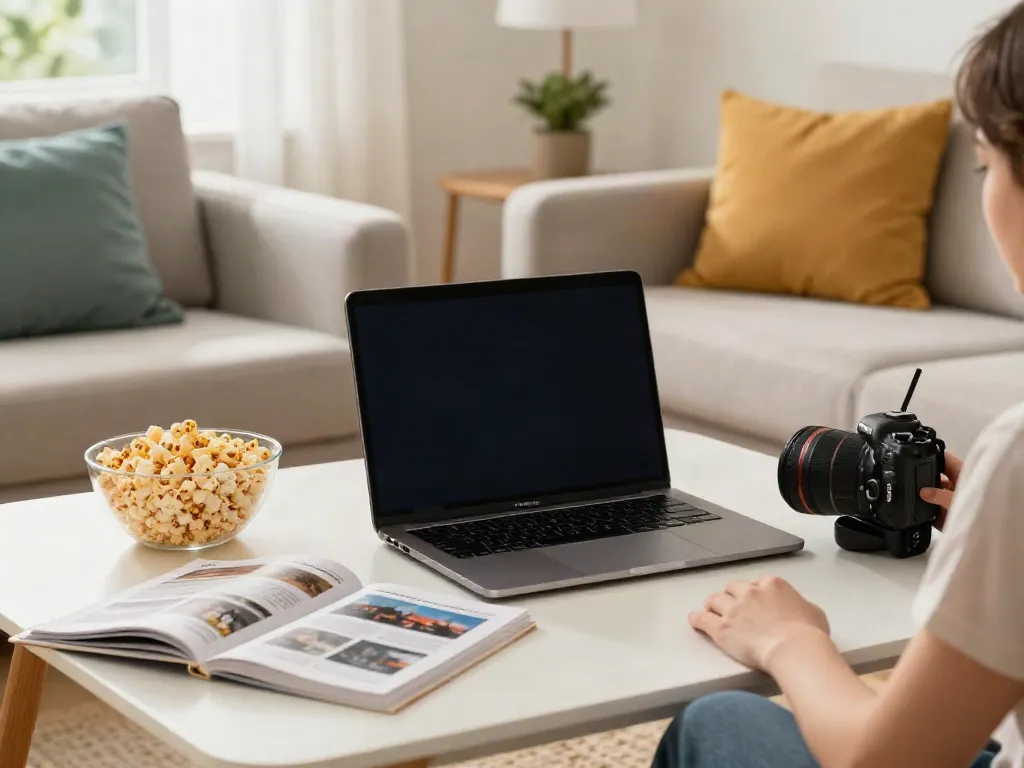 Streaming movies at home using ZoeChip on a cozy setup with snacks.