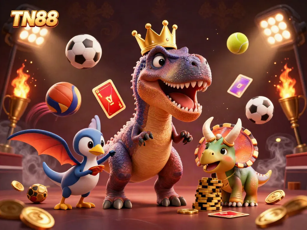 Join the fun at TN88 with our vibrant scene of a T-Rex shuffling cards and a triceratops stacking chips.