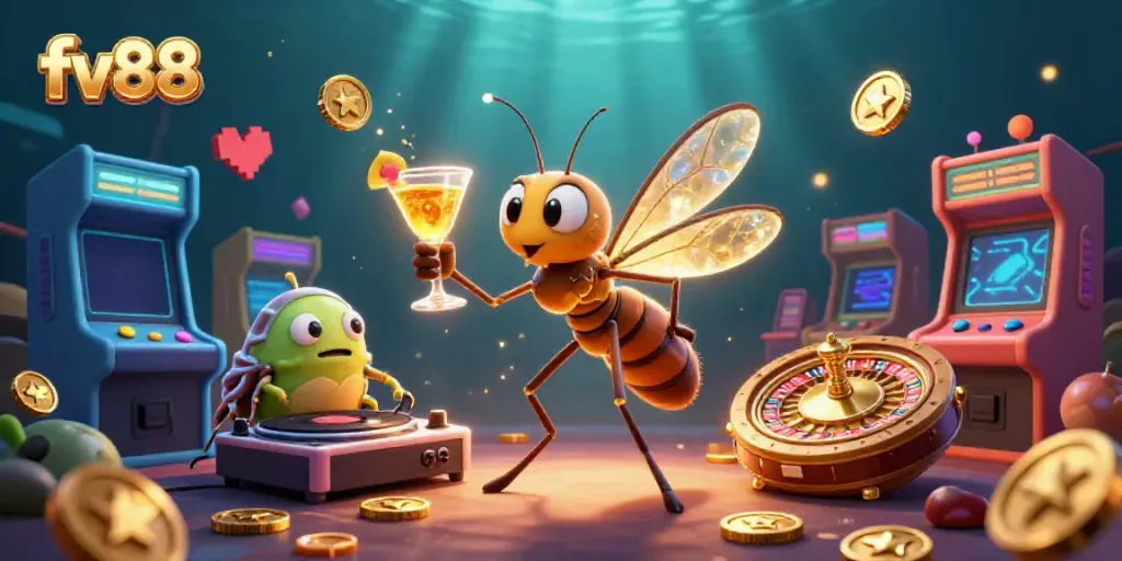 Experience the excitement of fv88 with a lively casino-inspired digital illustration featuring unique characters and gaming elements.