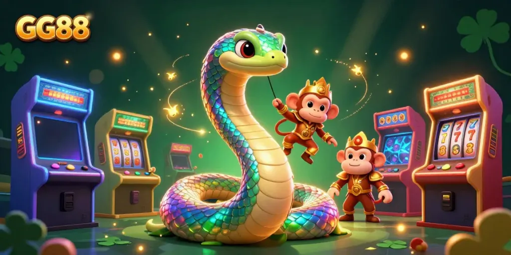 Experience the vibrant excitement of GG88 with a dynamic 3D scene showcasing gaming and jackpot elements.