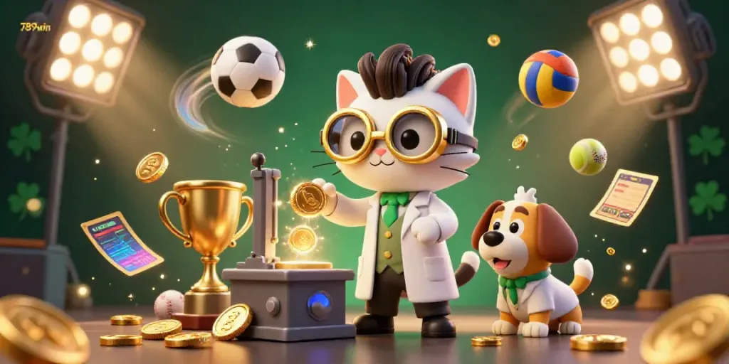 Engage with the excitement of 789win, featuring a mad scientist cat and lab dog in a vibrant casino atmosphere.