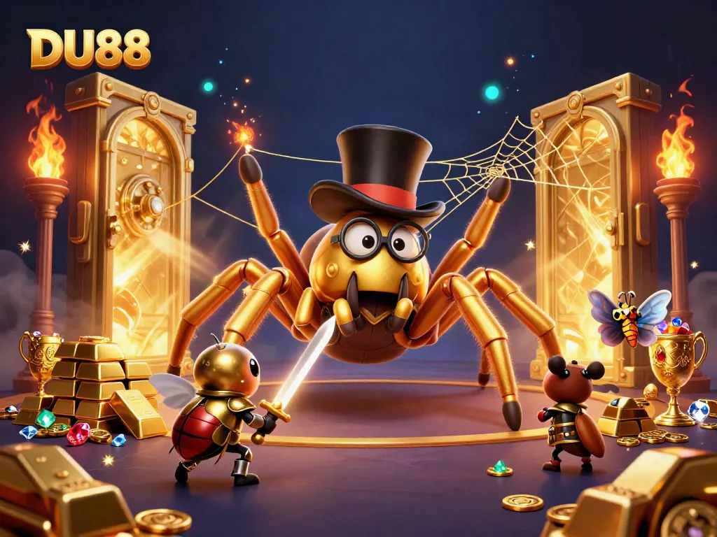 Engage with the DU88 gaming adventure revealed by a golden tarantula and a brave beetle knight.