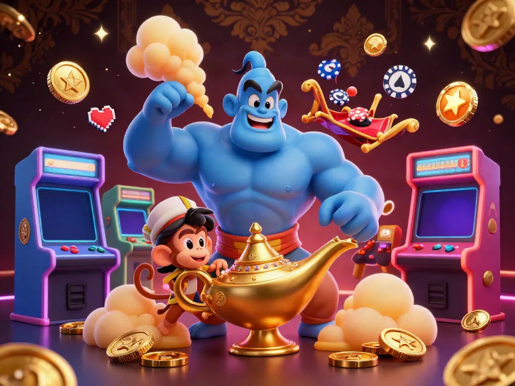 Experience RIKBET's magical casino adventure featuring a genie, flying carpet, and poker chips.