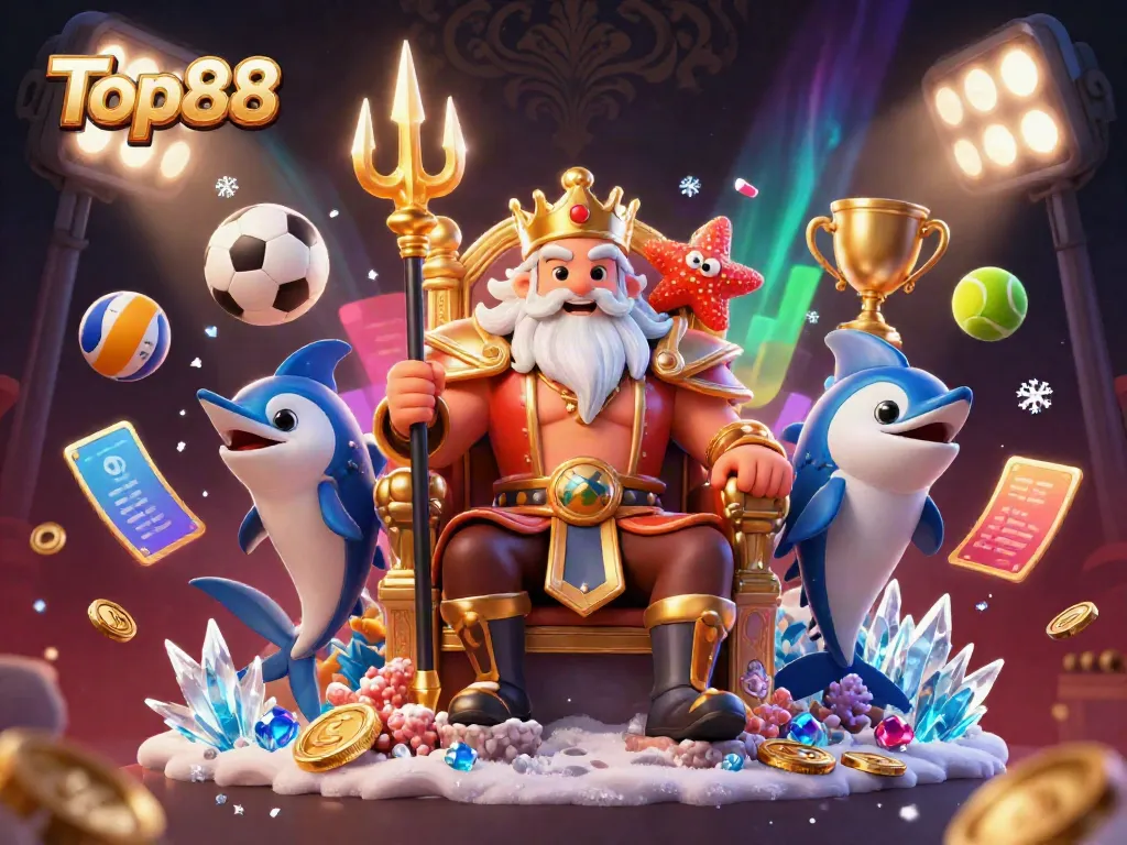 Top88 showcases a vibrant casino scene with Neptune and dynamic sports elements illustrating excitement.