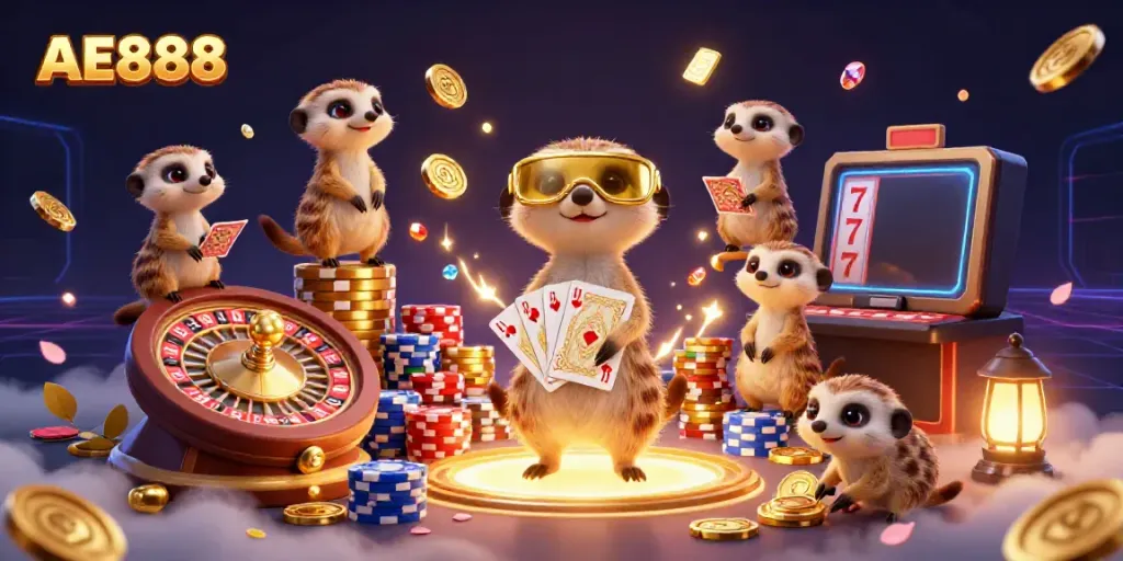 Experience the excitement of casino gaming with AE888's meerkat characters managing a vibrant casino atmosphere.