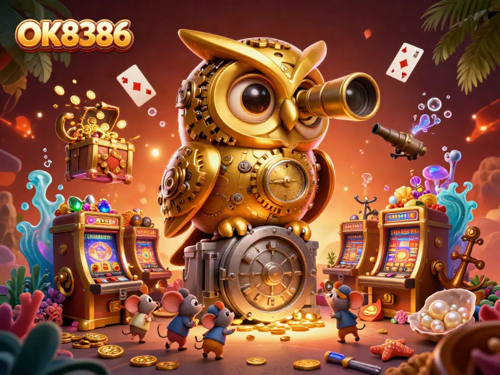 Engage with the vibrant gaming world at OK8386, featuring a grand casino scene with dynamic characters and exciting elements.