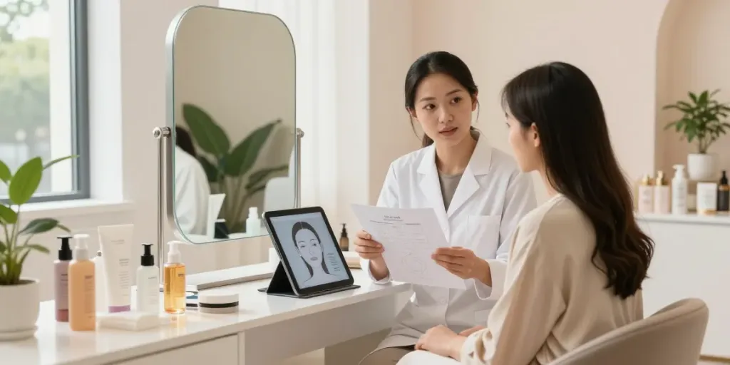 Client receiving personalized skincare analysis alternatives to QOVES in a modern beauty studio.