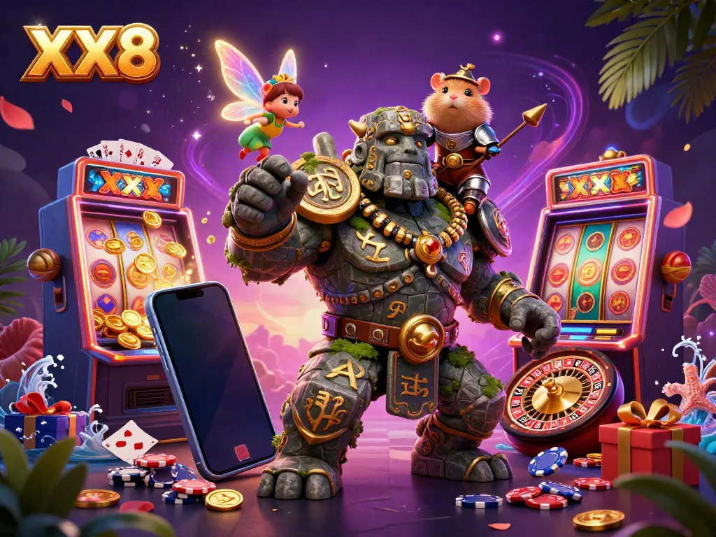 Experience enchanting gaming fun with XX8's magical golem and fairy in a vibrant casino scene.