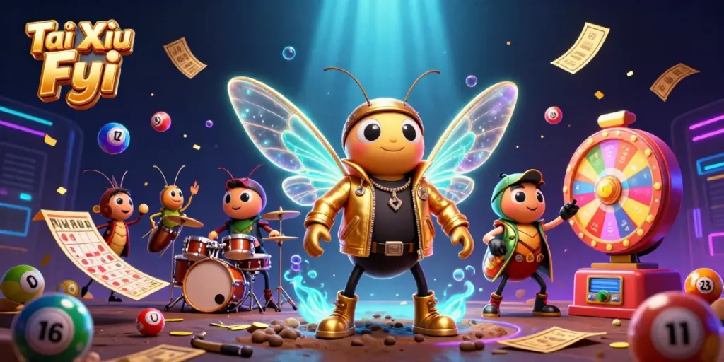 Tài Xỉu Fyi showcases a vibrant casino scene with a cicada rock star, beetle drummer, and colorful lottery elements.