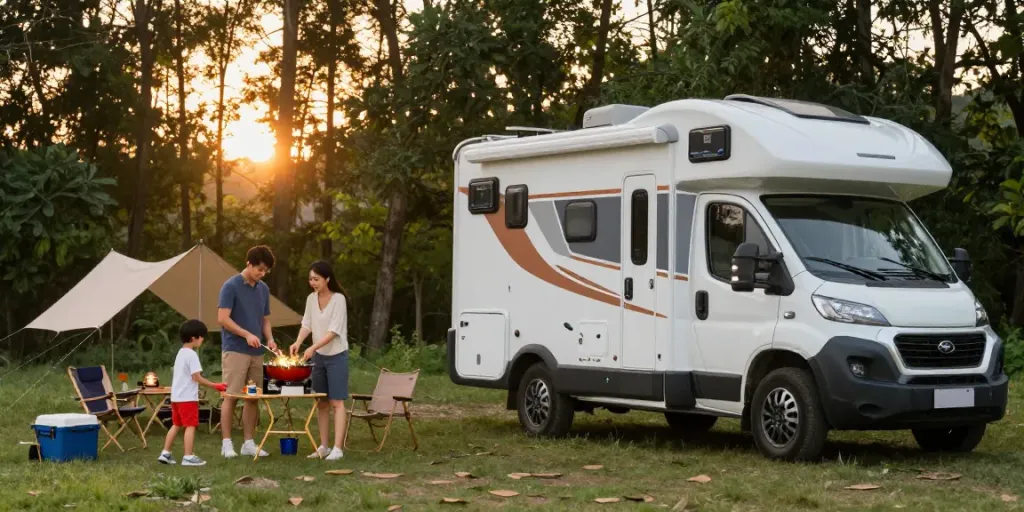 Family using 12V Lithium Batteries for camping lighting and cooking gear in a scenic forest.