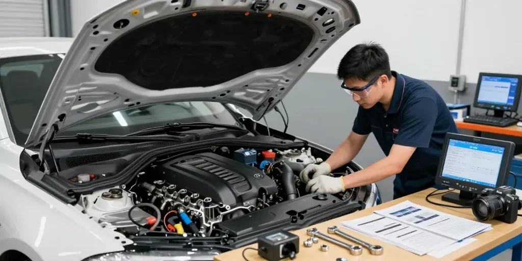 BMW Steuerkette Hannover - Professioneller Mechaniker inspiziert Motor in Werkstatt.