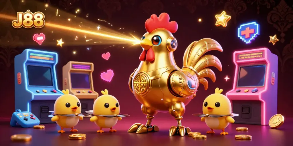Engage with J88's dynamic casino adventure featuring a golden rooster robot and arcade elements.