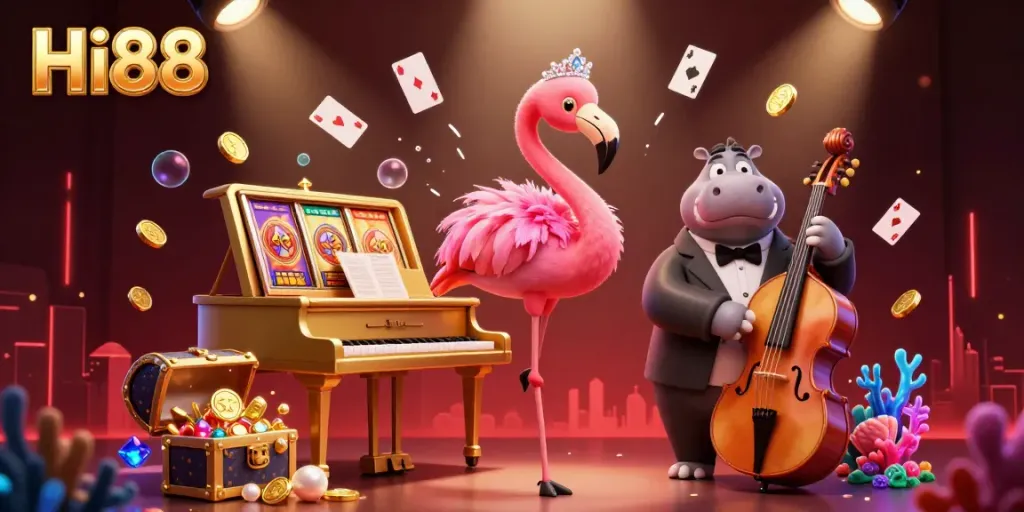Experience thrilling gaming adventures at Hi88 with a vibrant flamingo singer and hippo bassist in rich casino ambiance.