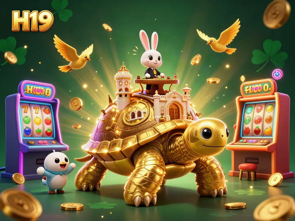 Experience H19 casino fun with a giant tortoise, rabbit dealer, and colorful slot machines.