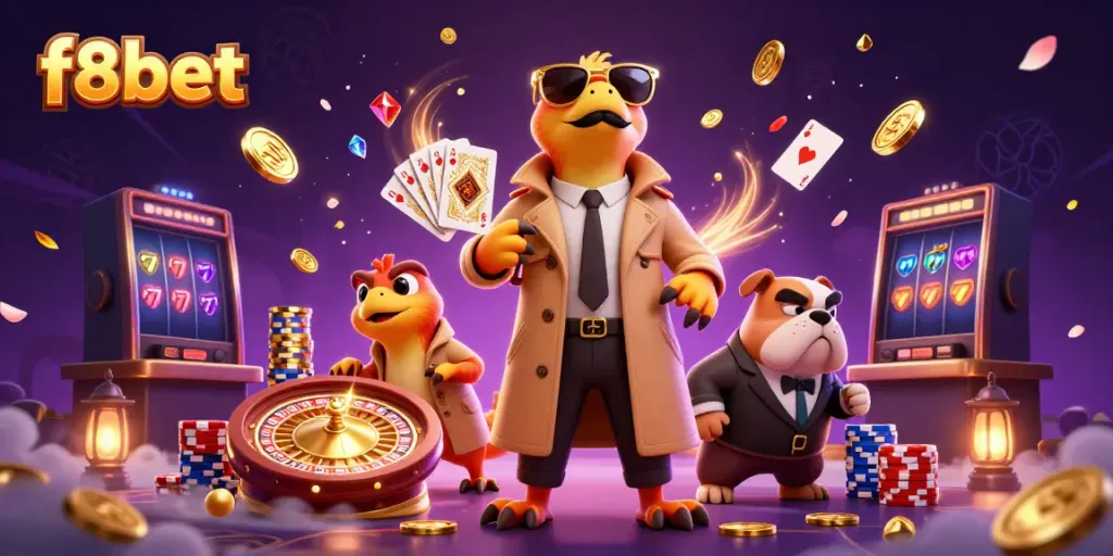 Experience vibrant excitement at f8bet with raptors in a trench coat entering a VIP lounge.