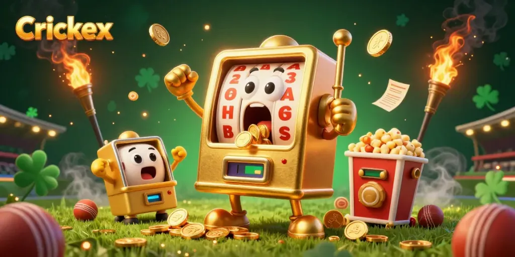 Crickex slot machine hits jackpot, surrounded by sports betting elements and golden coins.