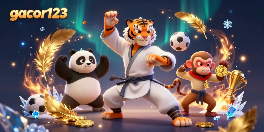 Experience thrilling sports action with gacor123 featuring kung fu tiger, panda, and mischievous monkey in a vibrant, detailed 3D scene.