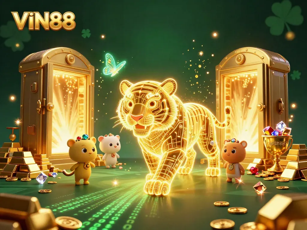 Experience the vibrant digital casino world with VIN88's golden tiger and shimmering treasures.