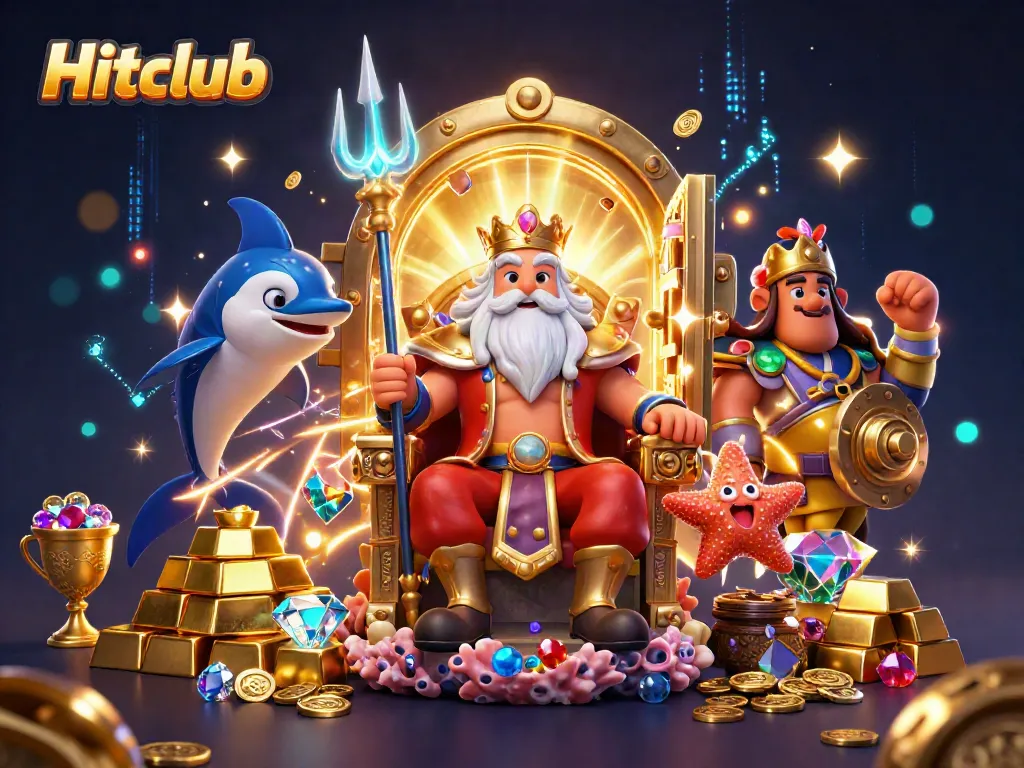 Hitclub features a vibrant representation of a 3D cartoon sea king surrounded by treasures and gaming elements.
