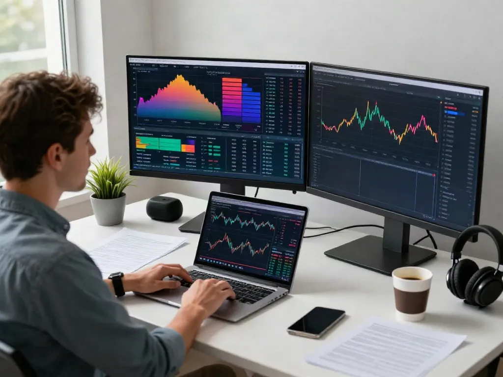 Trader using MetaTrader 5 on dual monitors with financial charts in a modern office.