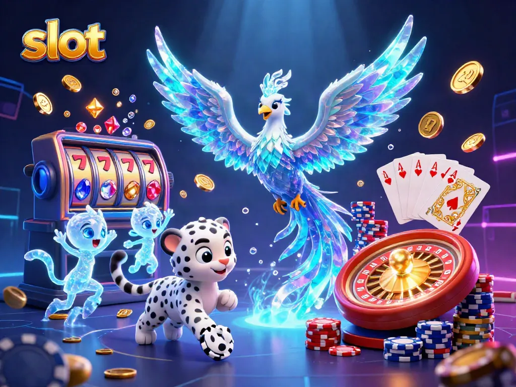 Spin the slot reels with a vibrant 3D illustration showing a phoenix, a cub, and sparkling casino elements.