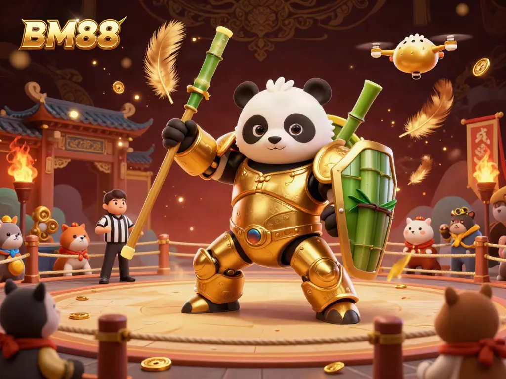 Engage in gaming excitement with BM88, showcasing a vibrant arena featuring golden panda and robot amidst cheering animal spectators.