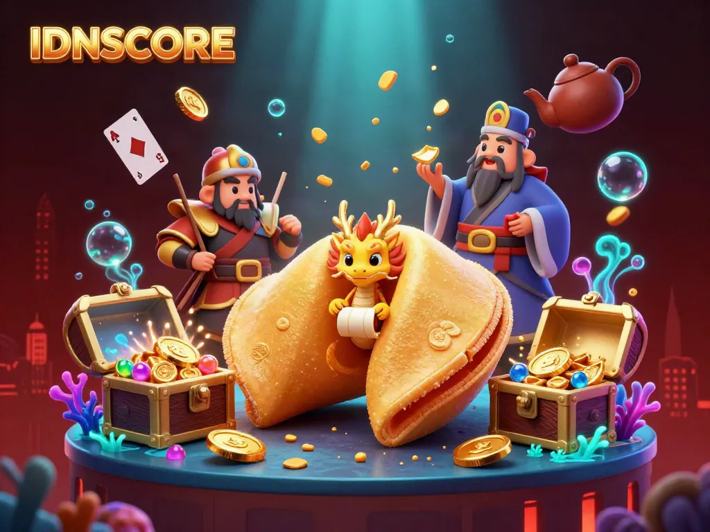 Experience the excitement of IDNSCORE in this dynamic casino-themed illustration featuring a golden fortune cookie and charming characters.