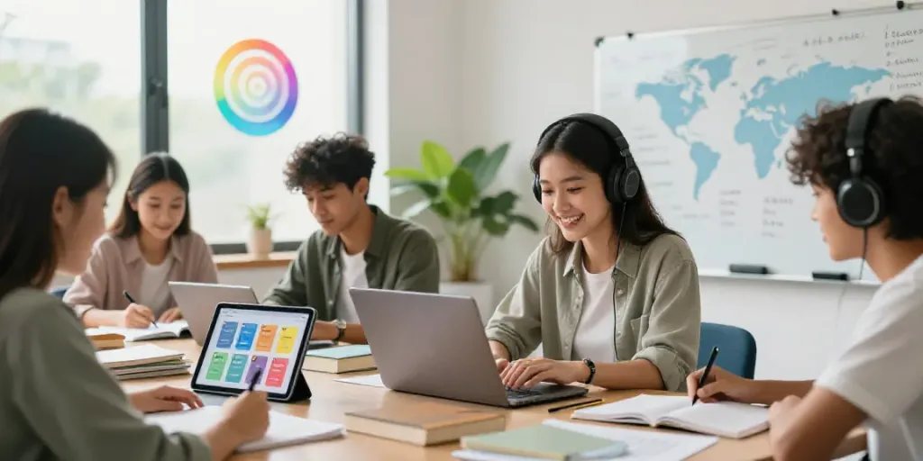 Situs toto interactive language learning scene with diverse students engaging in online lessons.