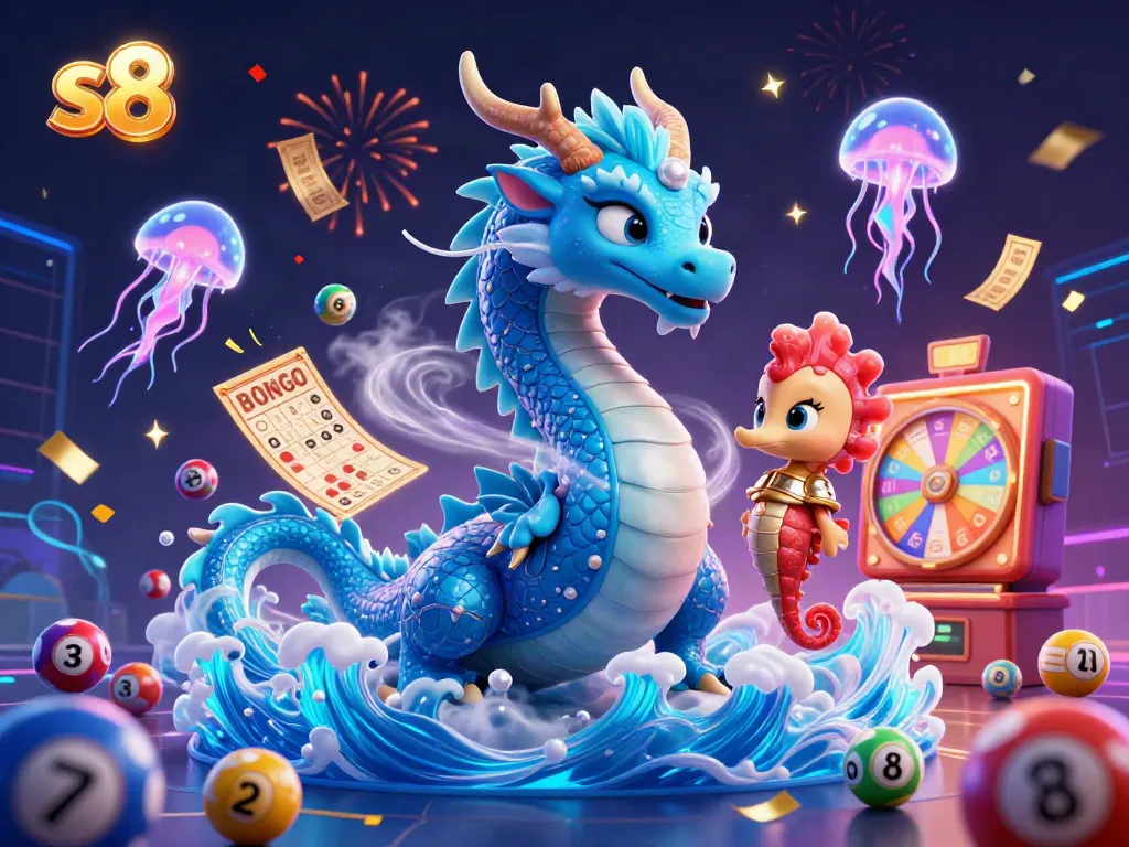 Experience the thrill of s8 with a vibrant 3D scene of a water dragon and casino games.
