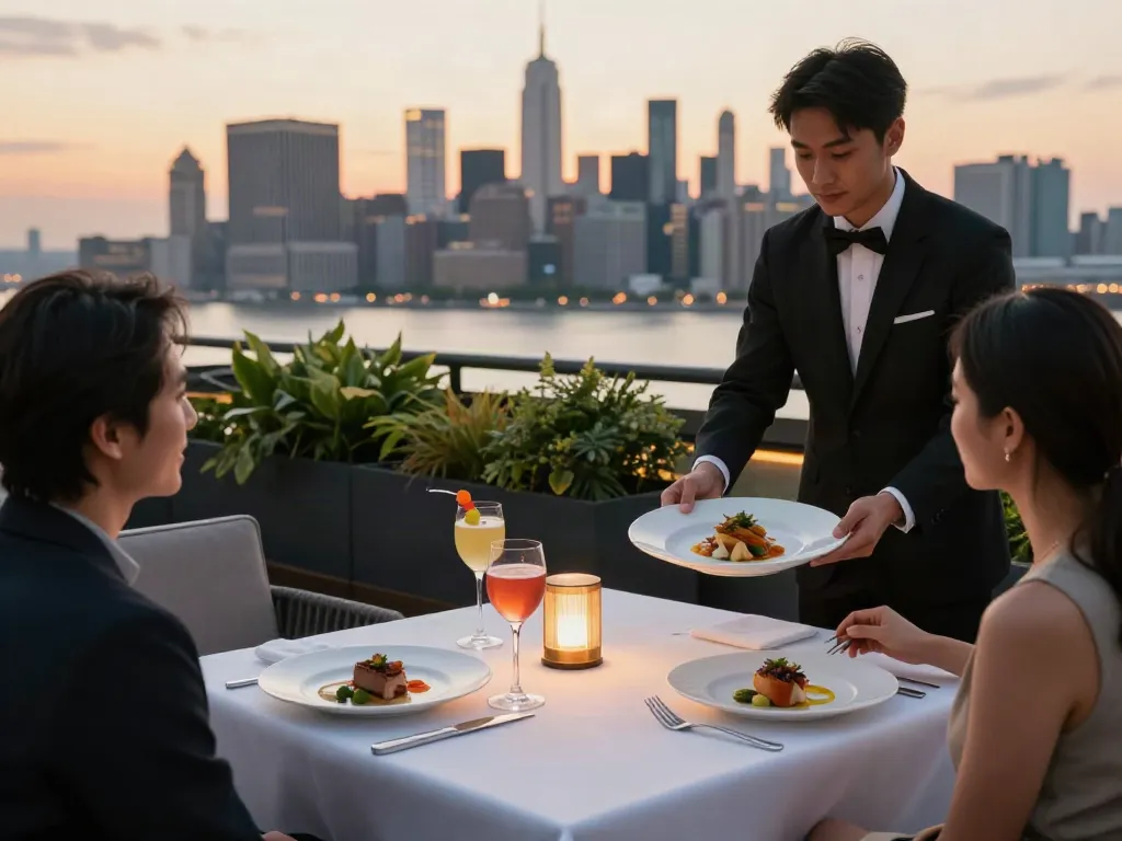 Rooftop dining at NoHu with gourmet dishes and NYC skyline views.