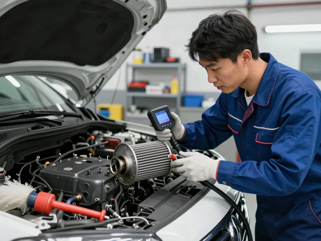 Techniker bei der DPF Reinigung in einer professionellen Werkstatt