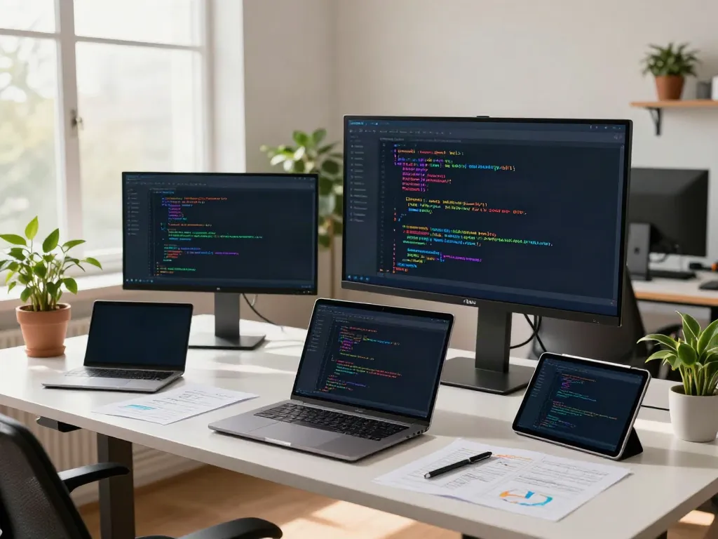 Developer working on Brave browser coding in a bright tech workspace