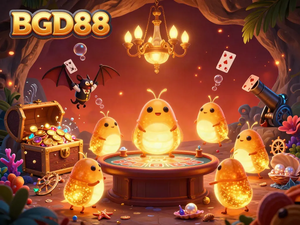 Experience the vibrant BGD88 casino with glowworms illuminating games and treasures in a rich 3D illustration.