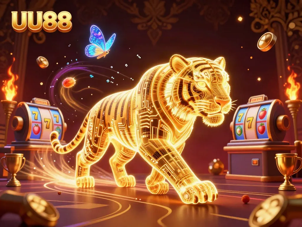Bet big with UU88's thrilling slot games illustrated through a neon-wireframe landscape.