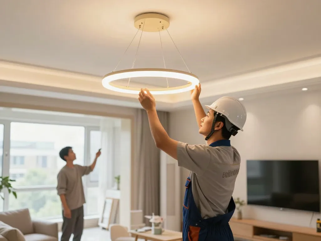 Instalare lustre LED de către un contractor profesionist, în interiorul unui living modern.