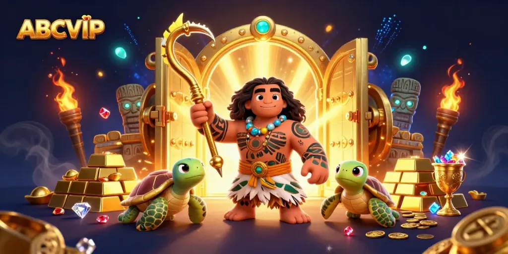 ABCVIP's dynamic gaming universe featuring a Polynesian demigod and treasures in 3D