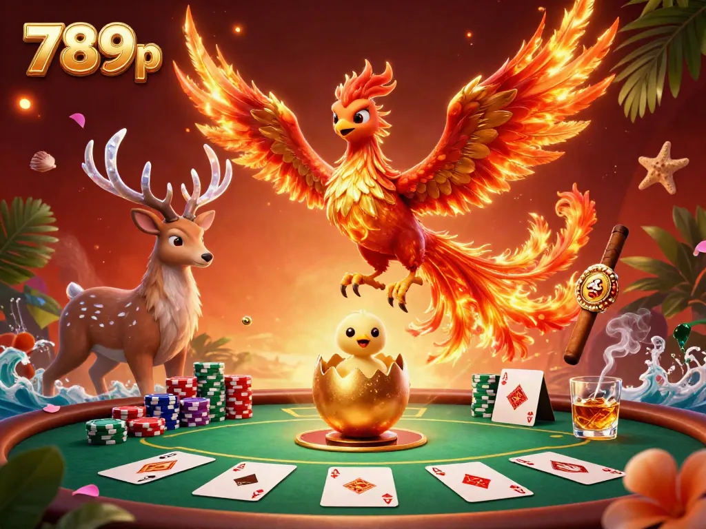 Experience the thrill of 789p with a vibrant scene showcasing a fiery phoenix and poker elements.